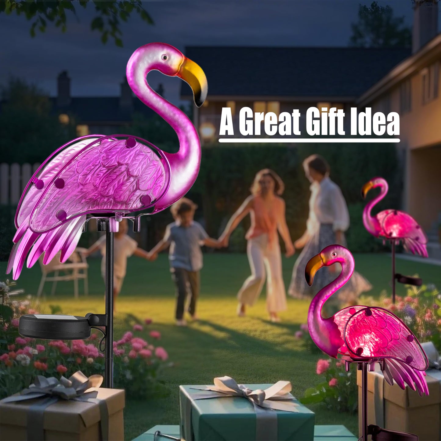 AWENDIETOU Garden Solar Lights,Pink Flamingos for Yard Art Decor,Solar Metal Flamingo Lights Outdoor,Solar Powered Statues for Yard and Garden,Flamingo Gifts for Women
