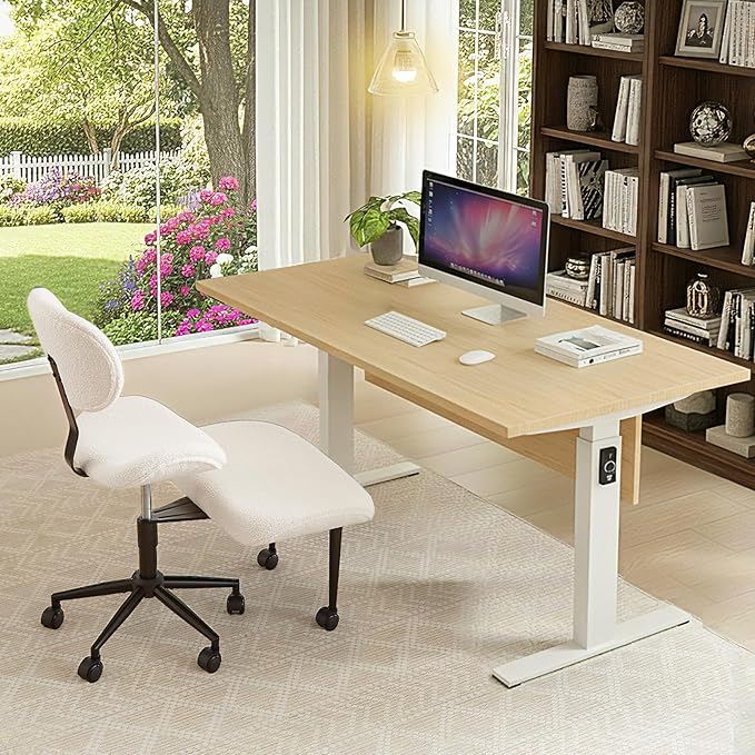 Cross Legged Office Chair with Wheels for ADHD, Ergonomic 360° Swivel Height-Adjustable Meditation Chair for Yoga, Wide Kneeling Chair with Strong Lumbar Support, Teddy Fabric, Off White
