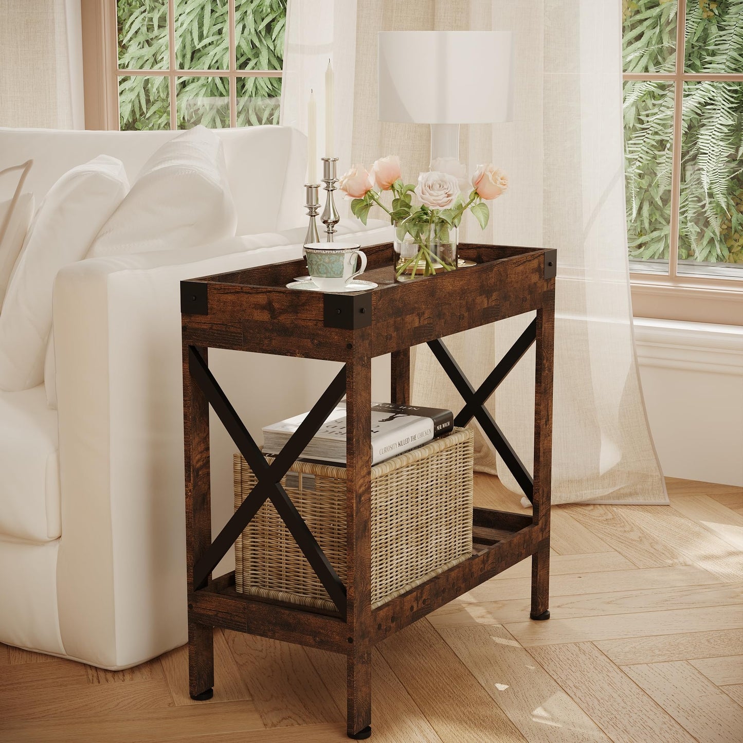 ZEXVIDA Narrow Side Table, End Table,Sofa Side Table, End Table Nightstand for Bedroom, Living Room, Small Spaces (Rustic Brown)
