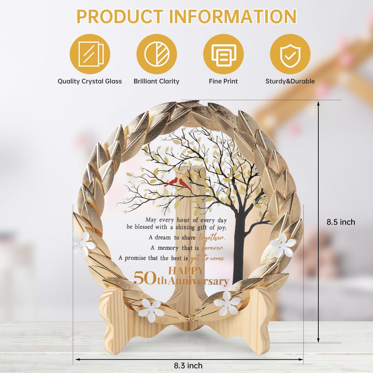 50th Anniversary Wedding Unique Gifts Ideas Crystal Plate with Gold Leaf Wreath - 50th Anniversary Wedding Gifts for Parents Couple - Cardinal Style