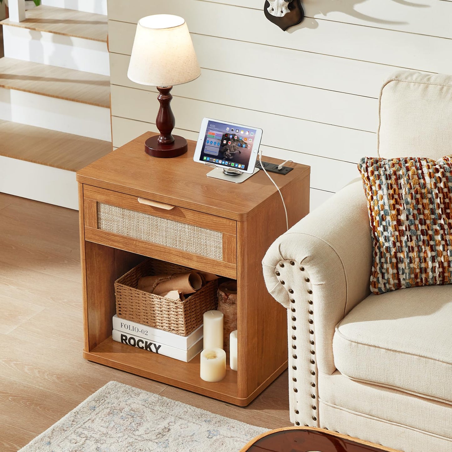LEYAOYAO Rattan Dresser and Nightstand Set of 2, Boho Wood Dresser for Bedroom with 6 Drawers and Night Stand with Charging Station, Bedroom Furniture, Dressers & Chests of Drawers,Living Room,Hallway