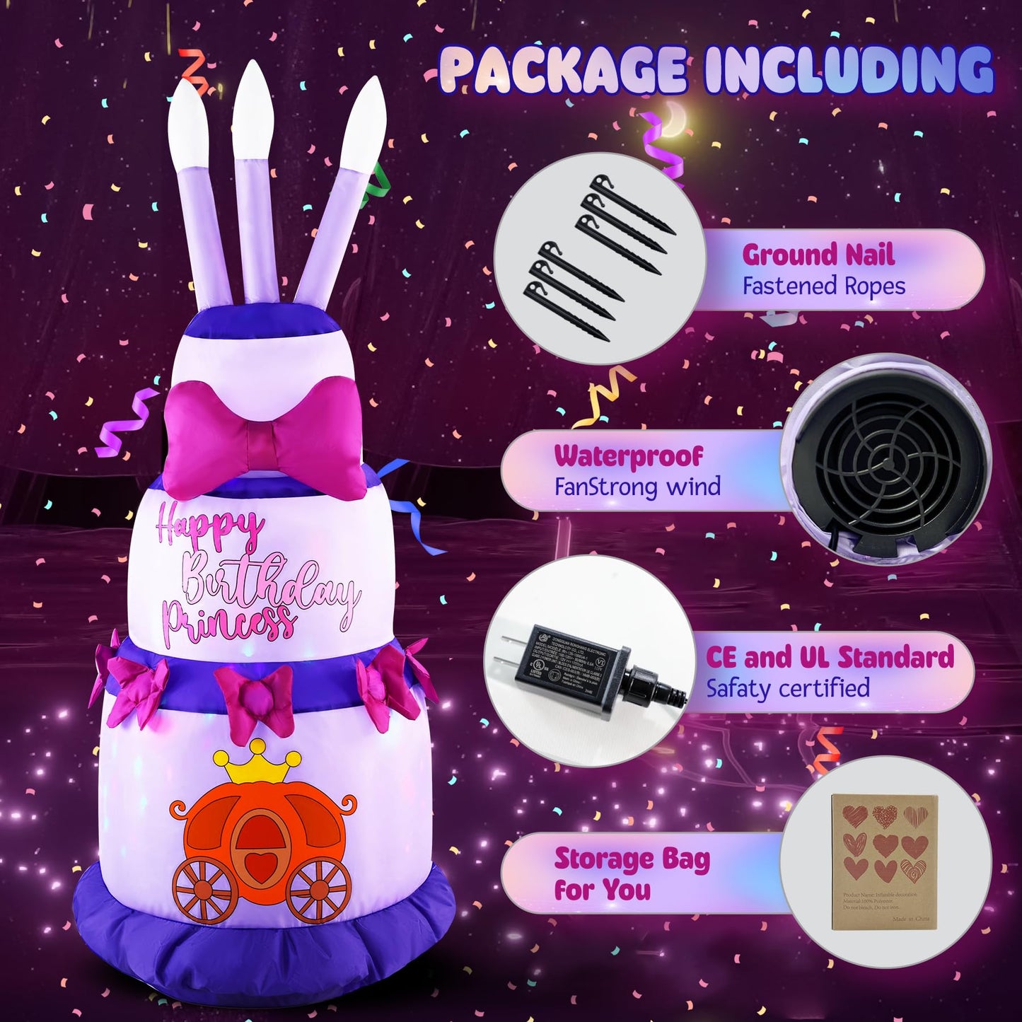 GIFTFIND 4.5Ft Inflatable Birthday Cake with Rotating Fairy Lights, Outdoor Birthday Party Decoration Cake with Candles, Holiday Blow Up Celebration Decor for Indoor Outdoor Yard Lawn, Pink Princess