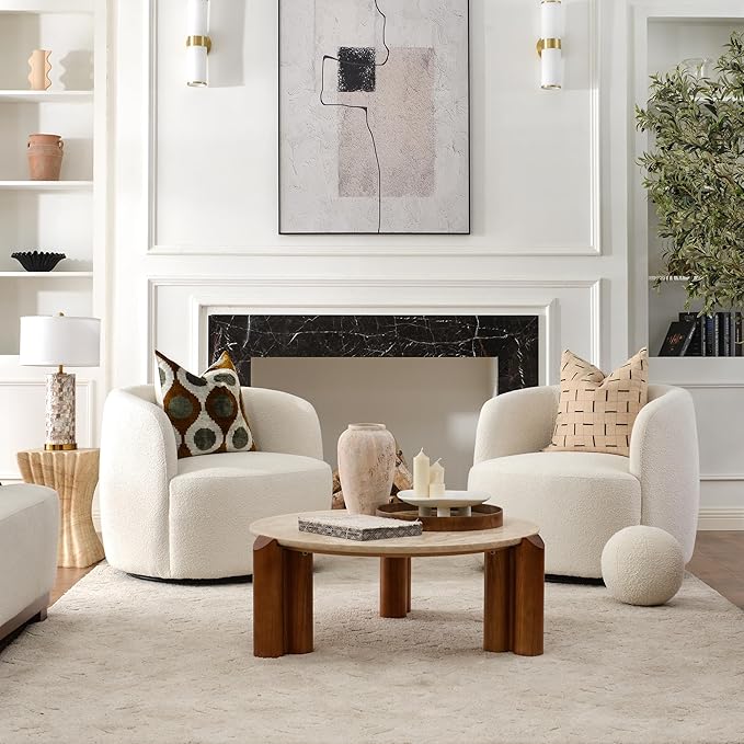 KINWELL 34" Wide Sherpa Swivel Barrel Chairs Set of 2, No Assembly Round Boucle Upholstered Accent Chairs Armchairs Single Sofa Chair with Toss Pillow for Living Room and Bedroom, Beige