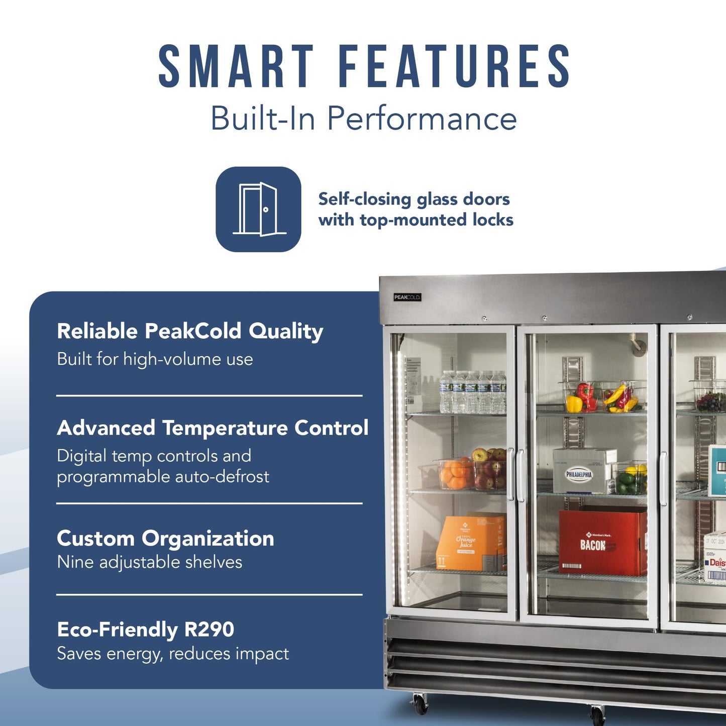 PEAKCOLD 3 Glass Door Commercial Refrigerator - 72 Cubic Ft, 81" Wide Stainless Steel Reach-In Commercial Refrigerator with White Internal Lighting - Freestanding Industrial Fridge