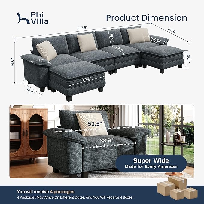 PHI VILLA Cloud Modular Couch Sets, 157.5" Sectional Sofa with U-Shaped Chaise, 6-Seater Couches with Movable Ottomans for Living Room, Chenille Fabric, Dark Cyan