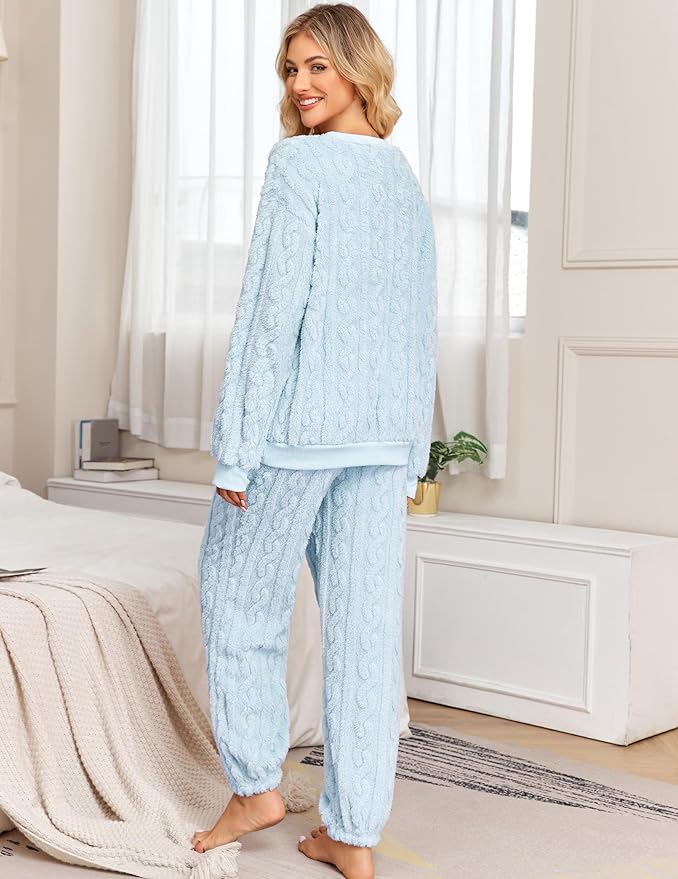 Pajamas Sets for Women Soft Comfy Fluffy Pajama Fleece Pullover Ribbed Pjs Warm Plush Lounge Sleepwear
