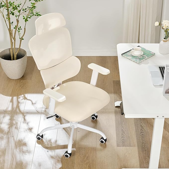 BOWTHY Ergonomic Office Chair,Home Mesh Office Desk Chairs,High Back Office Chair 330 LBS,Swivel Computer Chair with 2D Armrest,Adjustable Headrest,Lumbar Support,Rocking Function (Beige)