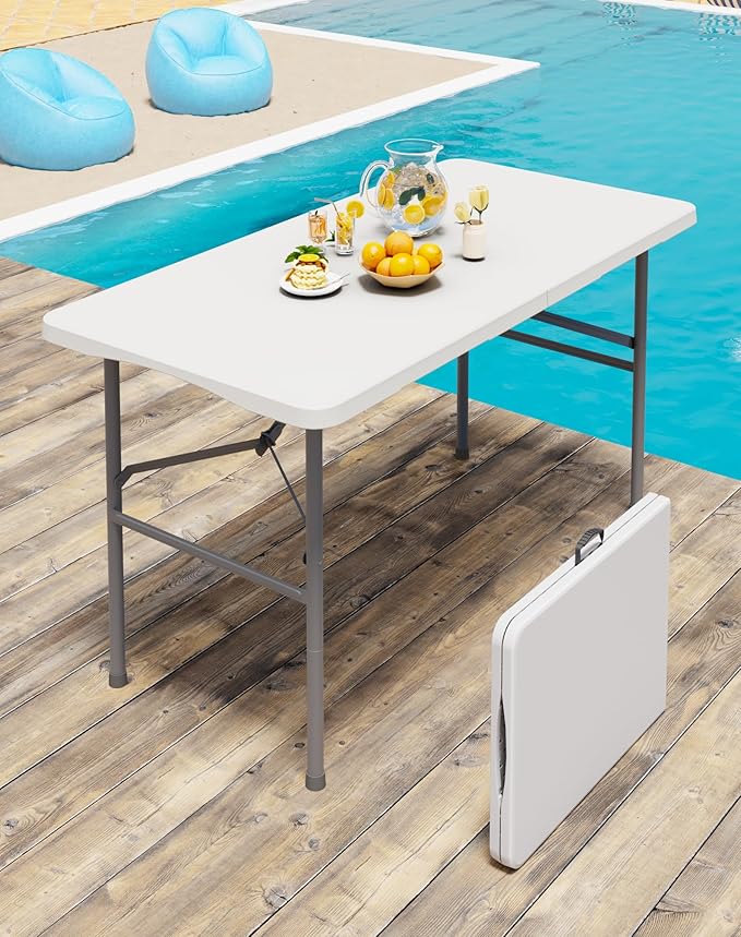 Linkriseed 4FT White Folding Table for Outdoor, 4 Foot Picnic Tables No Assembly Required Portable, White Foldable Table f...