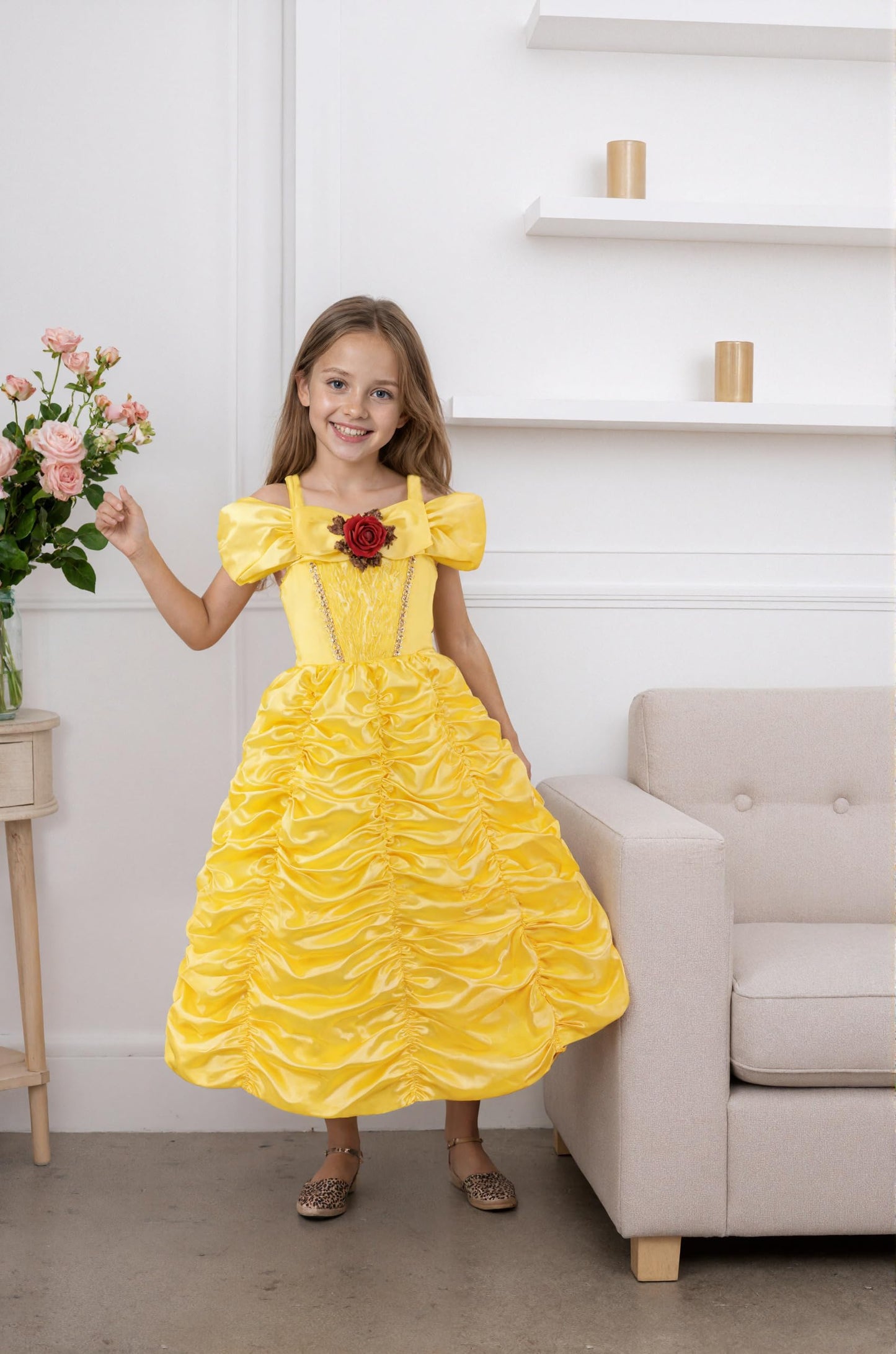 CQDY Girls Halloween Princess Belle Costume Dress Yellow Fancy Cosplay Dress Up Clothes Christmas Fairy Outfits