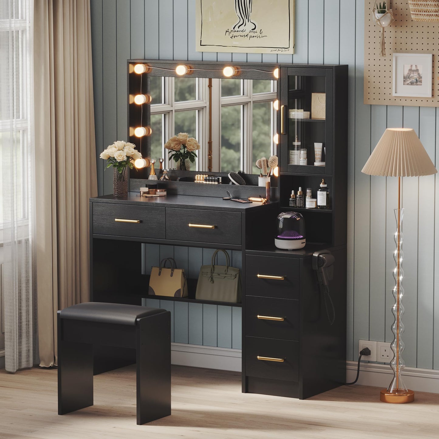 Makeup Vanity with Lights & Charging Station, Black Vanity Table with 5 Drawers & Open Storage Shelves, Bedroom Makeup Dressing Table Set for Women Girls Golden Handles
