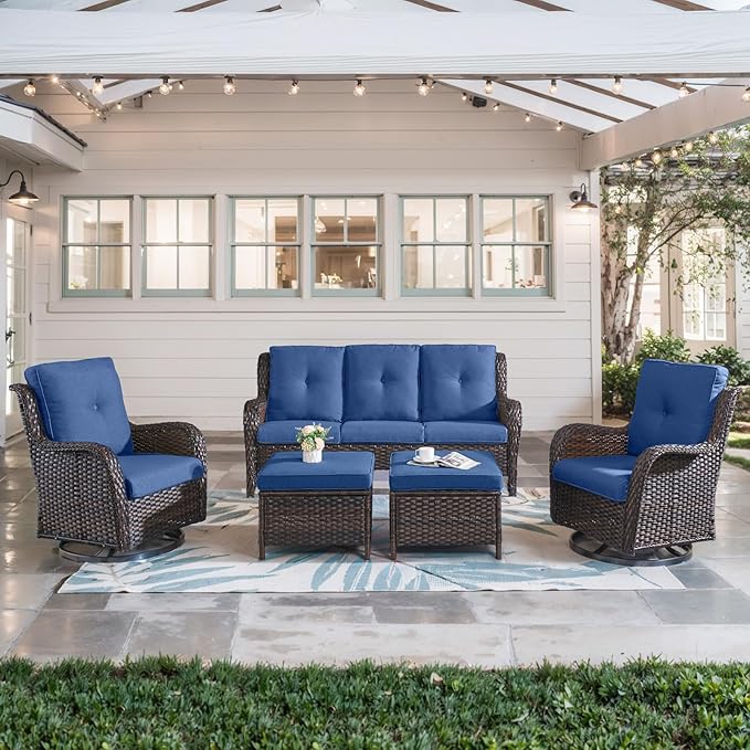 Belord 5 Piece Outdoor Patio Furniture Set - Wicker Furniture Patio Conversation Set, Outdoor Swivel Rocker Chairs with 3-Seater Sofa and 2 Ottomans for Small Space, Blue Cushion