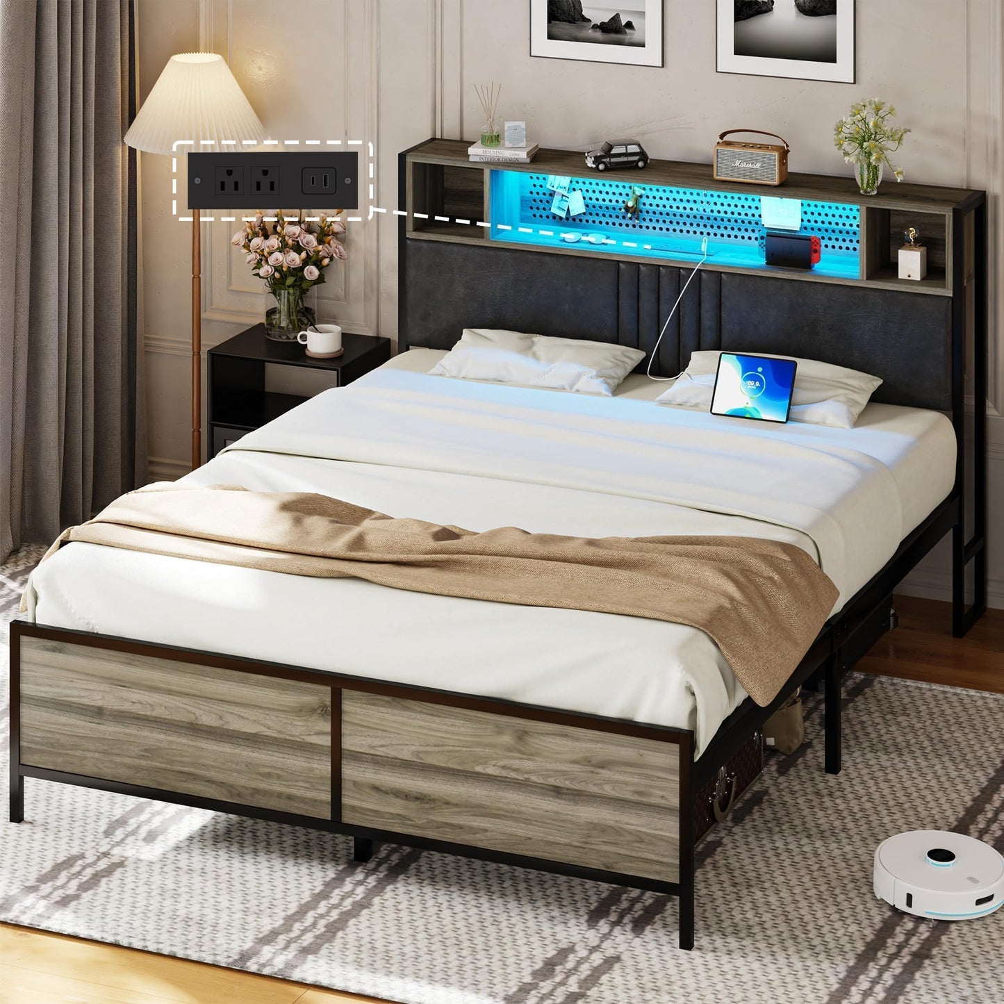 Queen Bed Frame with LED Lights and Charging Station, Upholstered Platform Bed Frame Full with Storage, Strong Metal Slats Support, No Box Spring Needed, Noise-Free, Easy Assembly, Wash Grey