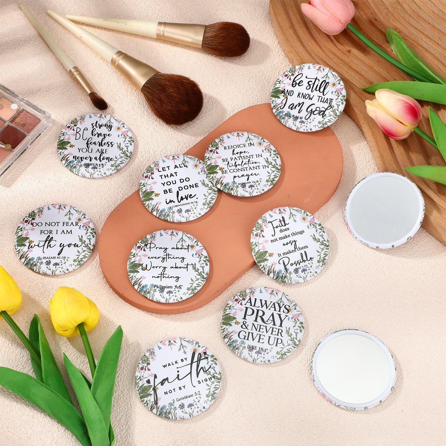 GlikCeil 20 Pcs Mini Wildflower Bible Verse Compact Mirrors Bulk Religious Christian Pocket Purse Mirrors Small Church Gifts for