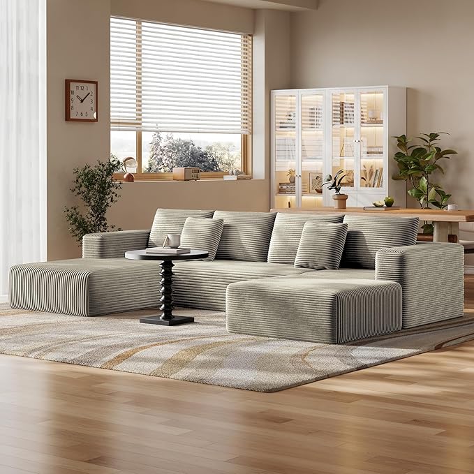 Fancyfire 134.6" Cloud Modular Sectional Couch with Chaise and Pillows,Ultimate Comfort U-Shaped Deep Seat Sofa,Boneless Couch Upholstered 3-Seater Sofas for Living Room, No Assembly Required(Khaki)