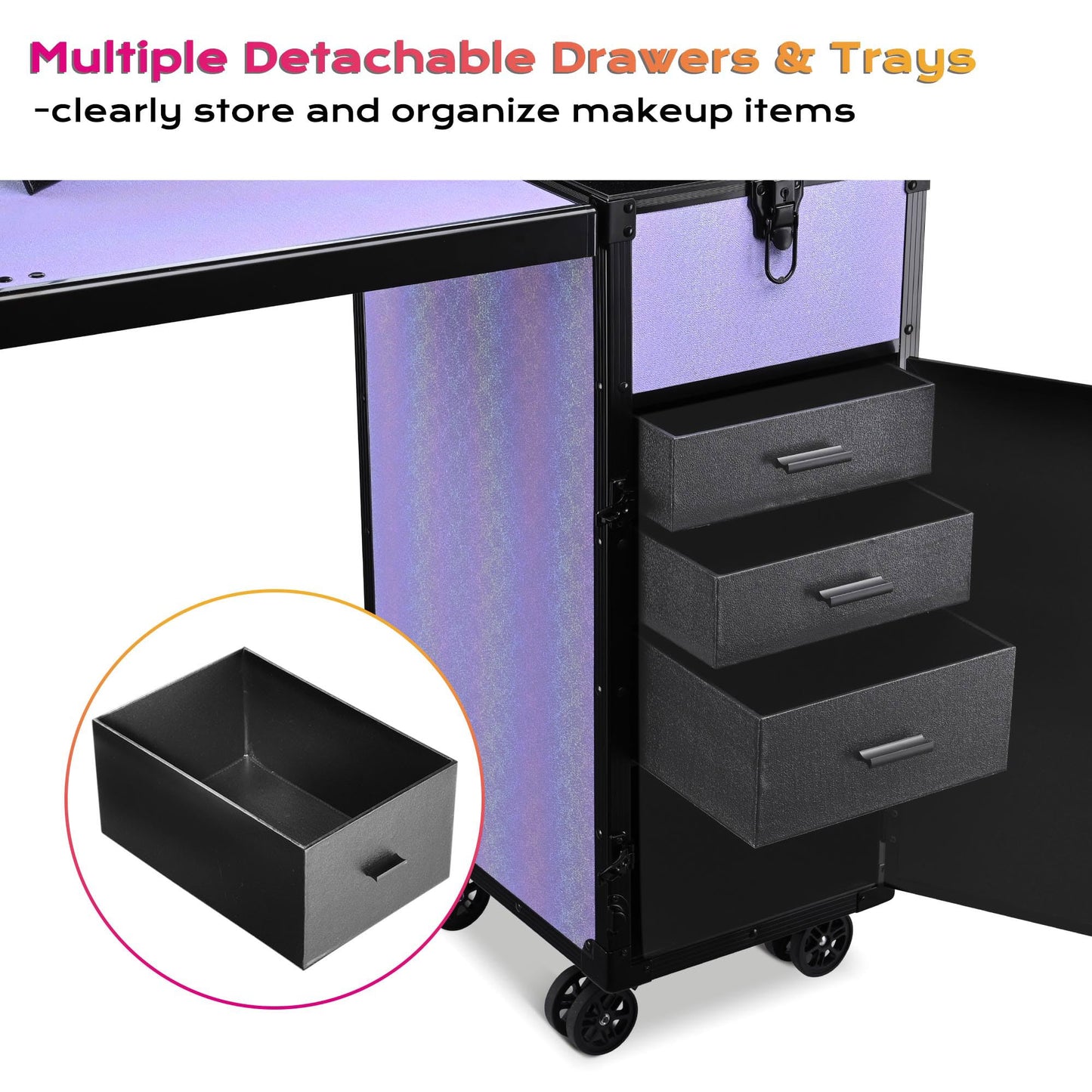 BYOOTIQUE Protable Nail Station Rolling Manicure Table Foldable Kit with 2-Tier Trays Makeup Train Case Small Travel Cosmetic Ba