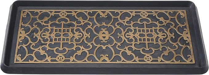 HF by LT Asian Screen Rubber Boot Tray, 32 x 16 inches, One-Piece Seamless Construction, Durable Vulcanized Rubber, Year Round Use Indoors or Outdoors, Black with Antique Bronze Finish
