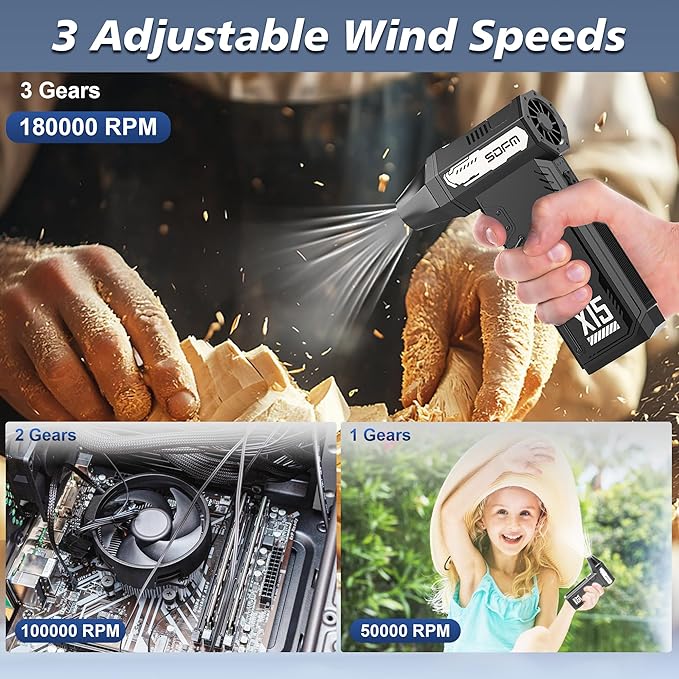 SDFM Compressed Air Duster - 180,000 RPM Electric Air Duster - with Brushless Motor, 3-Gear Adjustable Air Duster - for Keyboard, PC, Car, Air Bed, and Home Cleaning (X15)