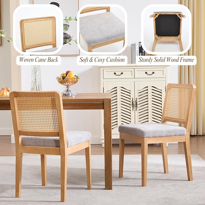 LukeAlon Set of 6 Mid Century Dining Chairs - Farmhouse Kitchen Chairs with Woven Cane Back, Plush Chenille Upholstered Seat, Solid Wood Legs for Dining Room & Breakfast Nook, Grey