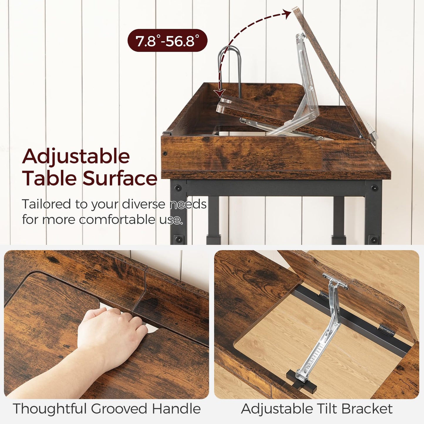 MAHANCRIS Overbed Table with Wheels, Adjustable Height Rolling Table, Mobile Bed Desk for Queen Bed, Computer Desk with Tilt Stand, Bookshelf, Cup Holder, Hooks, Rustic Brown MTHR18101
