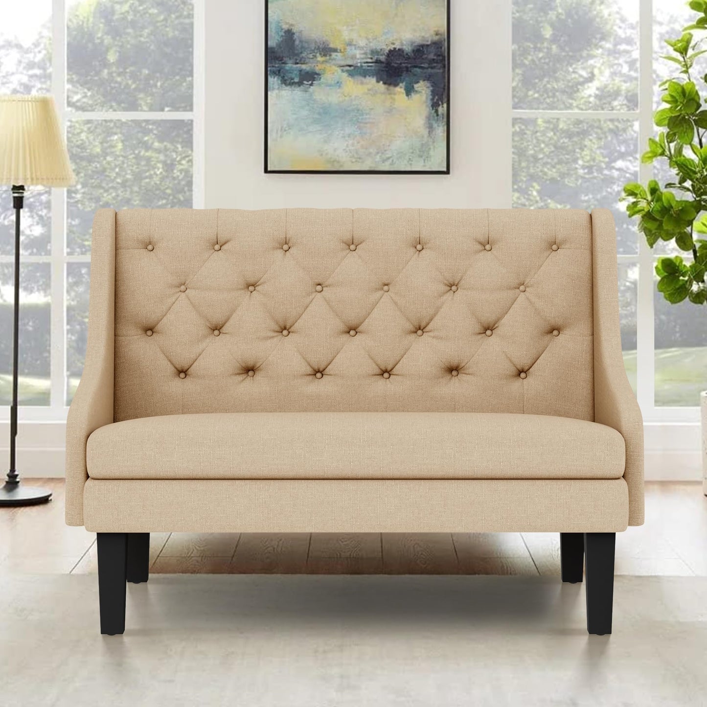 Yongqiang Settee Bench with Back for Dining Room Living Room Entryway Modern Upholstered Banquette Button Tufted Loveseat Sofa Mini Couch with Wood Legs Khaki