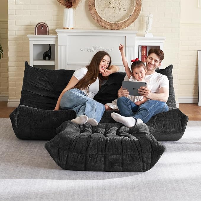 HABUTWAY Bean Bag Ottoman,Foot Rest,Fireside Chair Memory Foam Lazy Bean Bag Sofa for Living Room,Bedroom,Dorm,Office (Ottoman-Black)