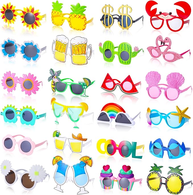 24 Pcs Luau Sunglasses - Funny Hawaiian Glasses for Tropical Beach Themed Party Supplies - Plastic Eyeglasses for Photo Bo...