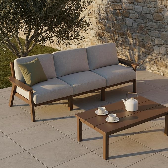 Patio Kingdom Patio Furniture Set 3 Seats, HDPE Outdoor Sectional with Washable Gray Thick Cushions, Coffee Table & Side Table, Patio Conversation Sets for Lawn, Garden, Porch, Balcony (Brown Frame)