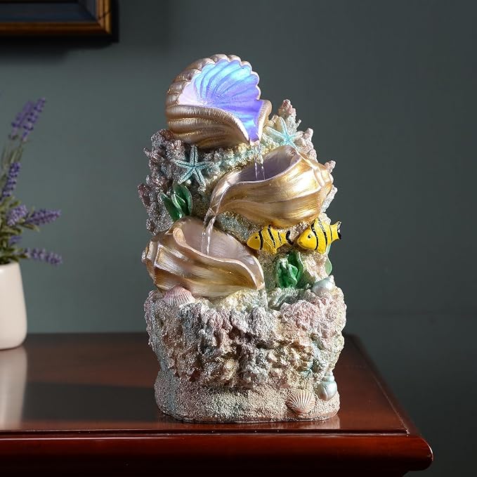 GOSSI Themed Coral Shell Fountain Tabletop Home Décor Indoor Desktop Fountains Perfect for Zen Waterfall Meditation Waterf...