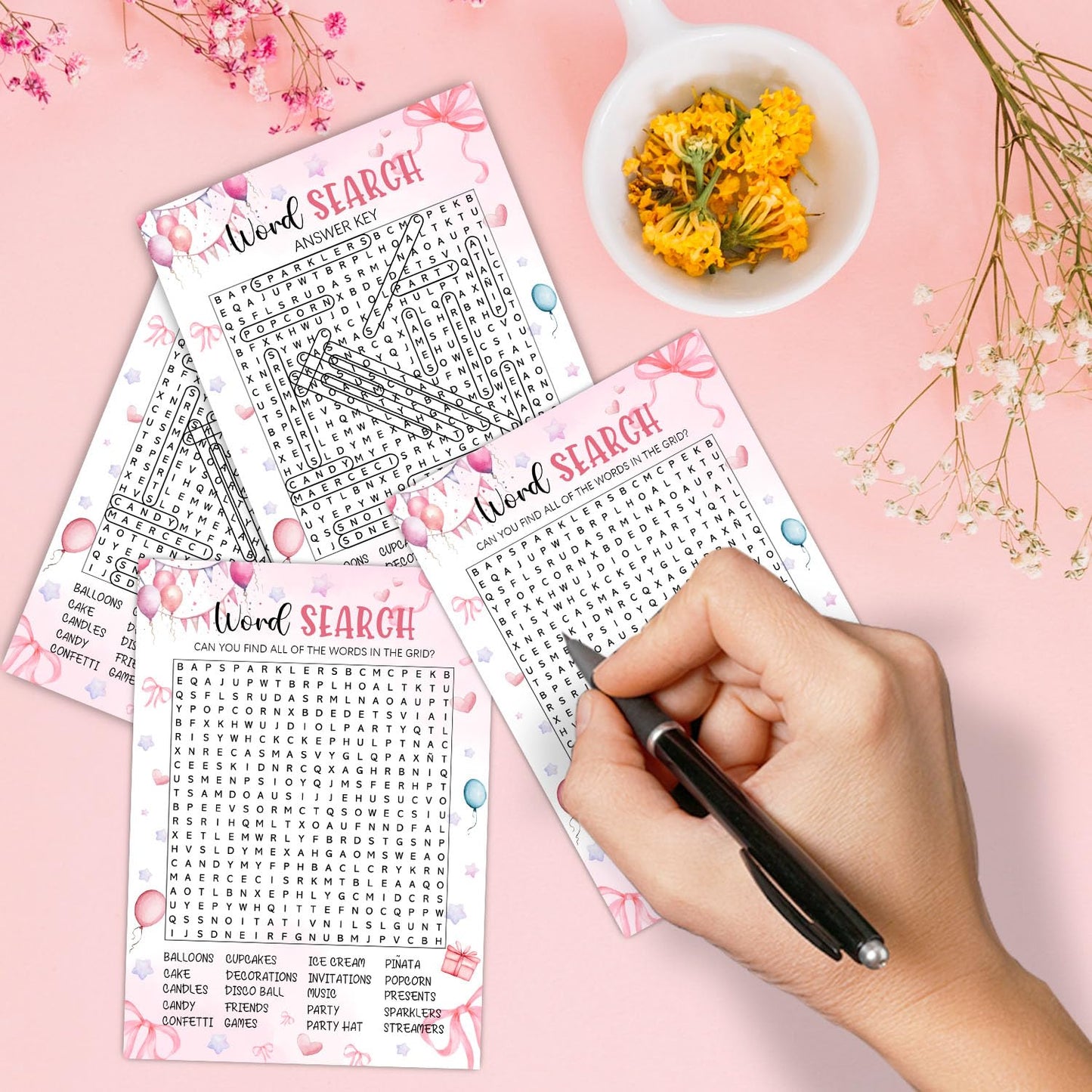Coquette Pink Bow Themed Sleepover Slumber Party Supplies- Pink Slumber Party Games Card - Sleepover Stuff- Birthday Night Games Creative Idea -Word Search- 20 Game Cards and 2 Answer Key