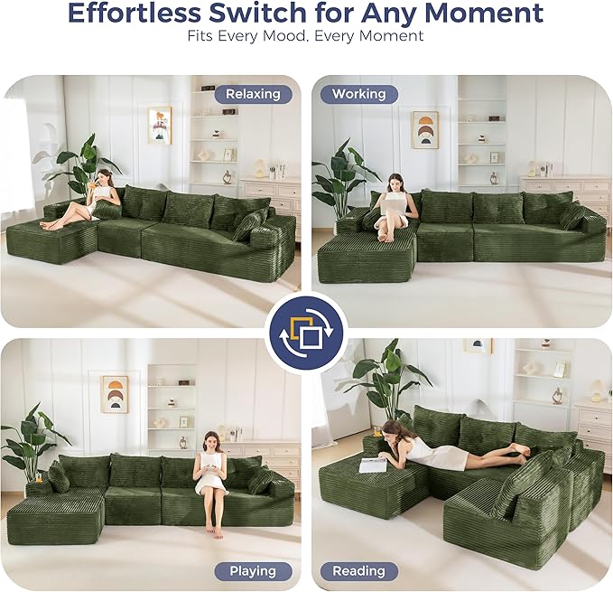 MAXYOYO 132" Oversize Modular Sectional Couch with L-Shape Chaise, Modern Boneless Couch for Living Room, Sofa in A Box, Oversized Sofa Sleeper with Deep Seat, No Assembly Required, Green