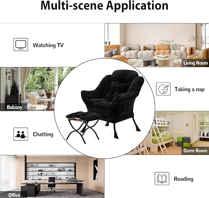 Youtanic Lazy Chair with Folding Ottoman, Accent Chair Plush Upholstered with Metal Structure and Non-Slip Pads, Sofa Armchair with Footrest and Side Storage Bag for Dorm, Room, Office, Black