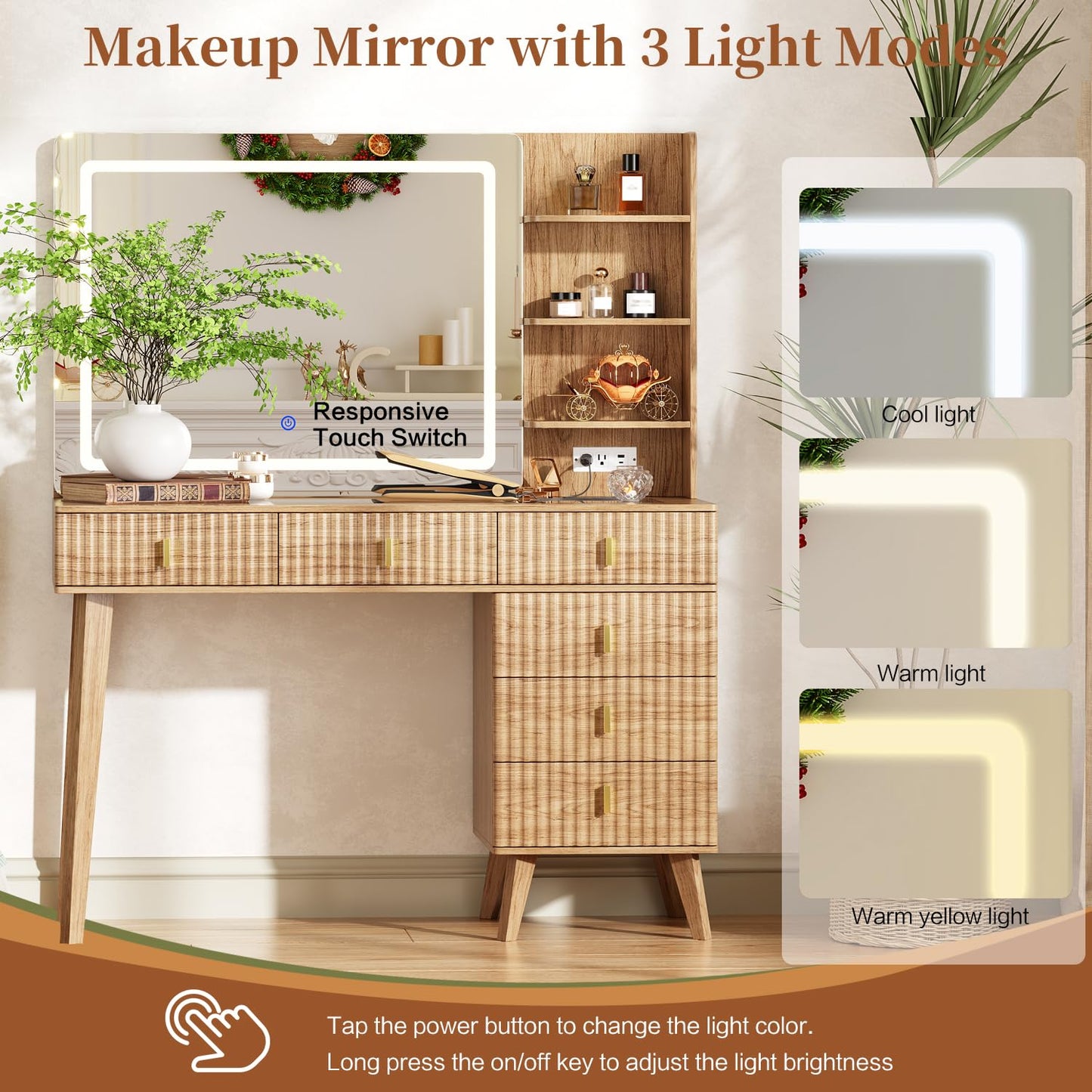 Ieejdn Fluted Makeup Vanity Desk with Large Mirror and Lights,Modern Glass Top Big Vanity Desk with 6 Drawers & Storage Shelves, Vanity Table with Power Outlet, Dressing Table for Bedroom,Oak