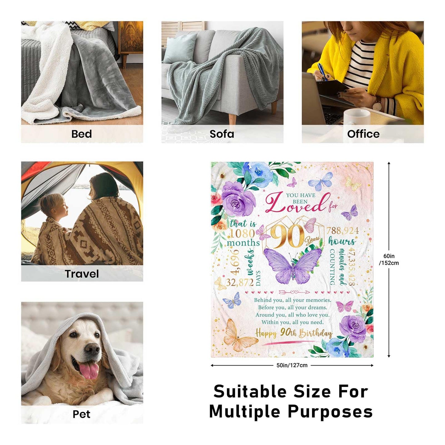 ZWERIVP 90th Birthday Gifts for Women, Best 90 Year Old Woman Birthday Present, Women 90th Bday Gift Ideas, 1935 Woman Present, Happy 90 Bday Decorations for Female Throw Blanket 50"X60"