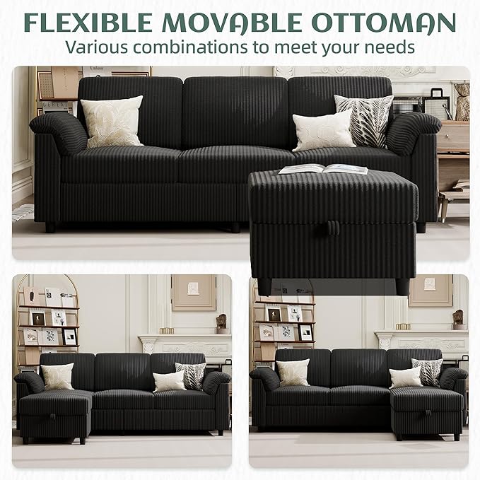 Vongrasig 79" Convertible Sectional Couch Sofa with Storage Ottoman, 3 Seat L Shaped Couch with Side Storage Pockage, Small Couches for Living Room, Apartment and Small Space, Black