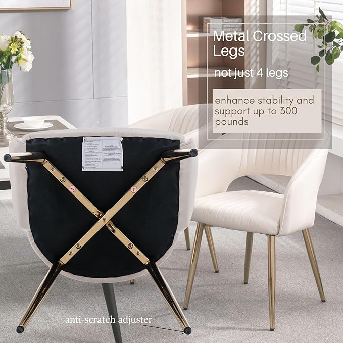 COMULER Faux Leather Dining Chairs Gold Legs, Modern Cream PU Leather Dining Room Chairs with Arms Set of 4 Upholstered Accent Chair Armchair with Barrel Back for Kitchen Living Room