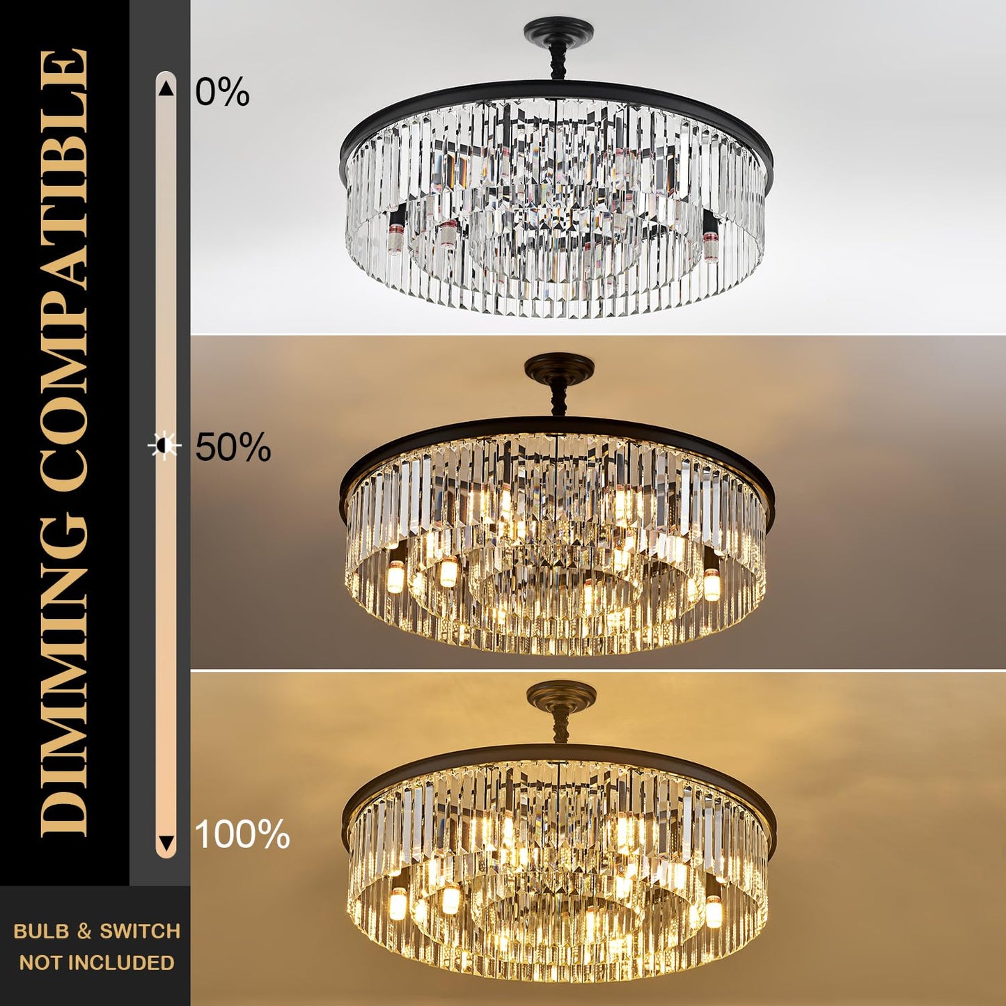 lighceac 31.5" 12-Light Modern Crystal Chandelier Light Fixtures 3 Rings Black Luxury Chandeliers for Living Room Glam Round Hanging Ceiling Pendant Lighting for Entryway Kitchen Bedroom Dining Room