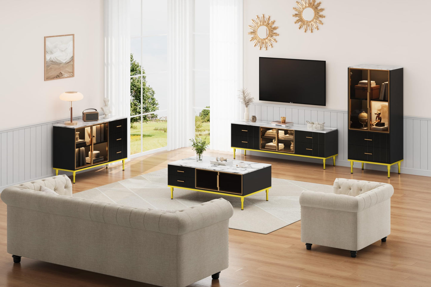 GAOMON Coffee Table for Living Room, Faux Marble Coffee Table with 4 Drawers and Glass Doors Storage, Modern Aesthetic Fluted Panel Design,Black & Gold