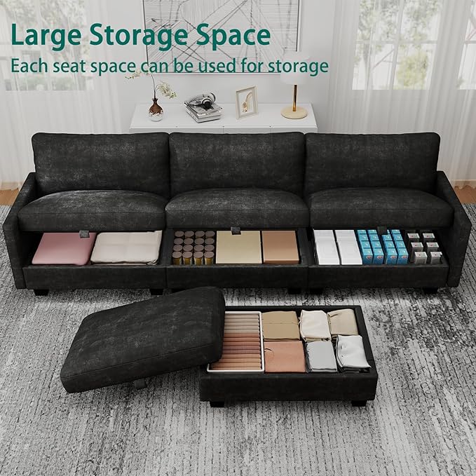 OhaiAura Modular Sectional L Shaped Sofa Couches for Living Room, Cloud Couch with Storage Ottoman, Comfy Chenille Sofa with Pillow, Black