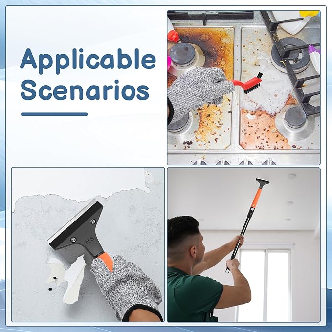 Floor Scraper Long Handle, 20 Floor Scraper Blades 4 Inch, 3 Pcs Wire Brush 1 Pcs Razor Blade Scraper Tool for Deep Cleaning Glass Wall Gum Paint Tile Glue Linoleum