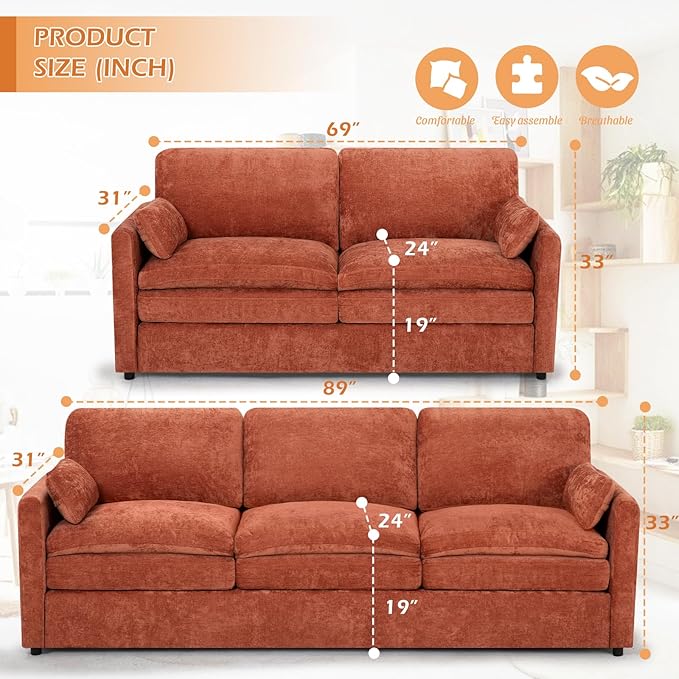 ACMEASE 2 Pieces Chenille Sofa Set w/Arm Pillows, Upholstered Loveseat & 3 Seater Sofa w/Comfortable Back Cushions, Modern 2-Seat & 3-Seat w/High-Density Foam for Living Room, Apartment, Orange
