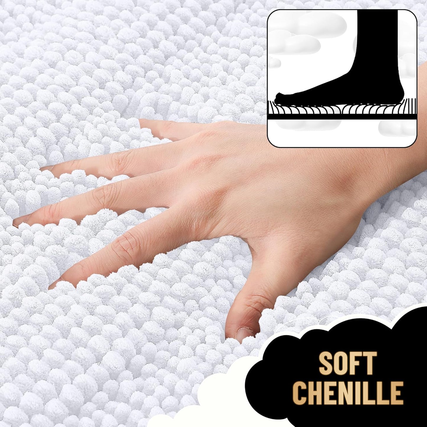 OLANLY Thick Bathroom Rugs 47x20, Extra Soft Absorbent Chenille Striped Bath Rugs, Rubber Backing, Machine Wash Dry, Bath Mats for Bathroom Floor, Tub and Shower, Home Decor Accessories, White