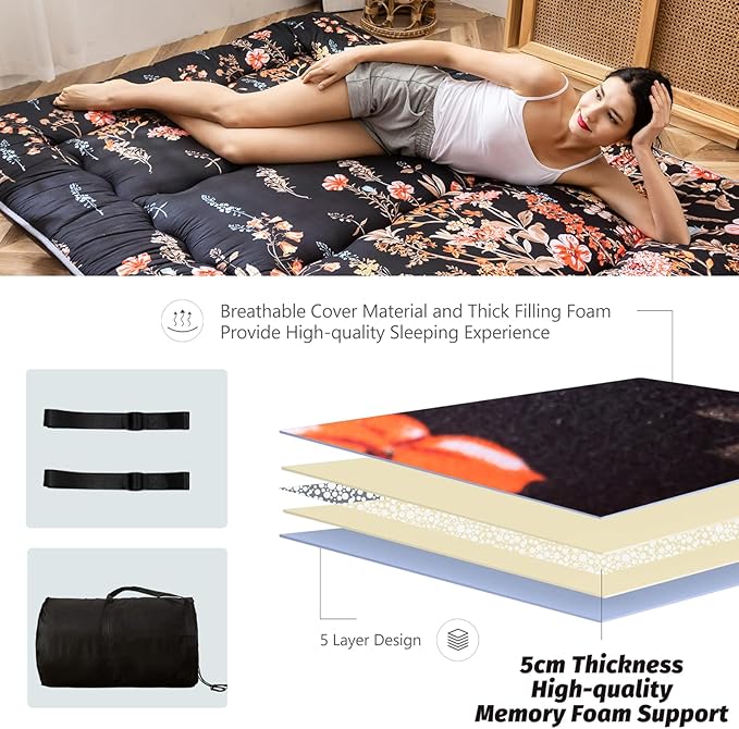 MAXYOYO Japanese Futon Mattress Floor Mattress Sleeping Pad Foldable Bed Roll Up Camping Cushion Floor Lounger Bed Couches and Sofas Couch Topper, Black Floral, Full Size