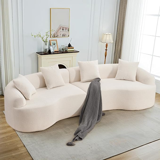 110" Oversized Modern Curved Cloud Sectional Sofa, Luxury Plush Chenille 4-Seater Deep Wide Seat Couch with 4 Pillows, No Assembly Needed Apartment Living Room Furniture, Beige