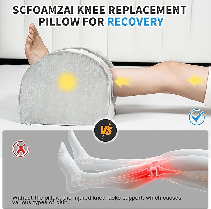 SCFOAMZAI Knee Replacement Pillow for Recovery - Leg Elevation Pillow with Firm Foam for Post-Surgery Sleeping, Hip & Ankle Pain Relief & Swelling Reduction, Includes Washable Velvet Cover (Grey)
