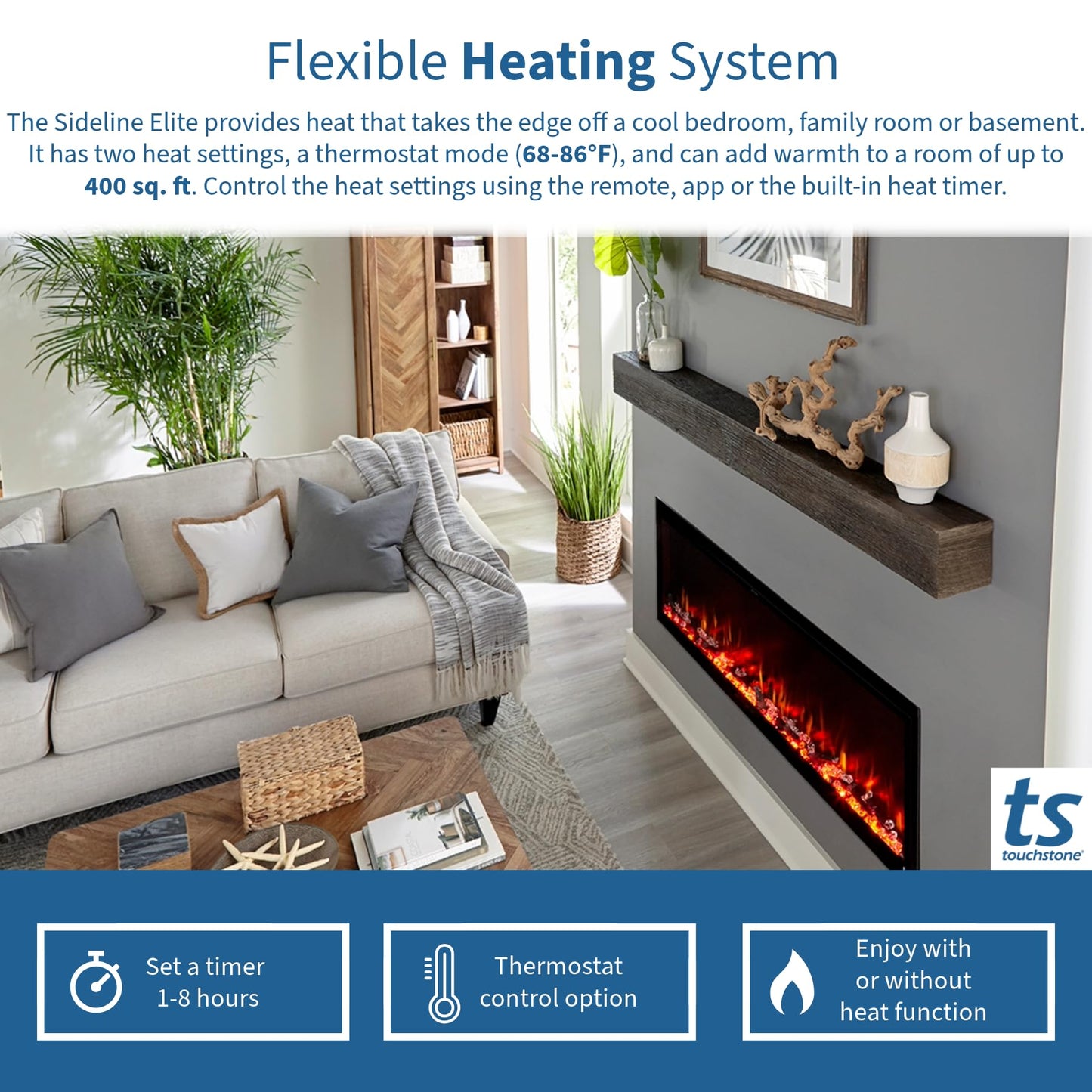 Touchstone Sideline Elite Smart Electric Fireplace - Alexa/WiFi Enabled- 42" Wide - in Wall Recessed - 60 Color Combinations - 1,500W Heater - Black - Log, Crystals, and Driftwood
