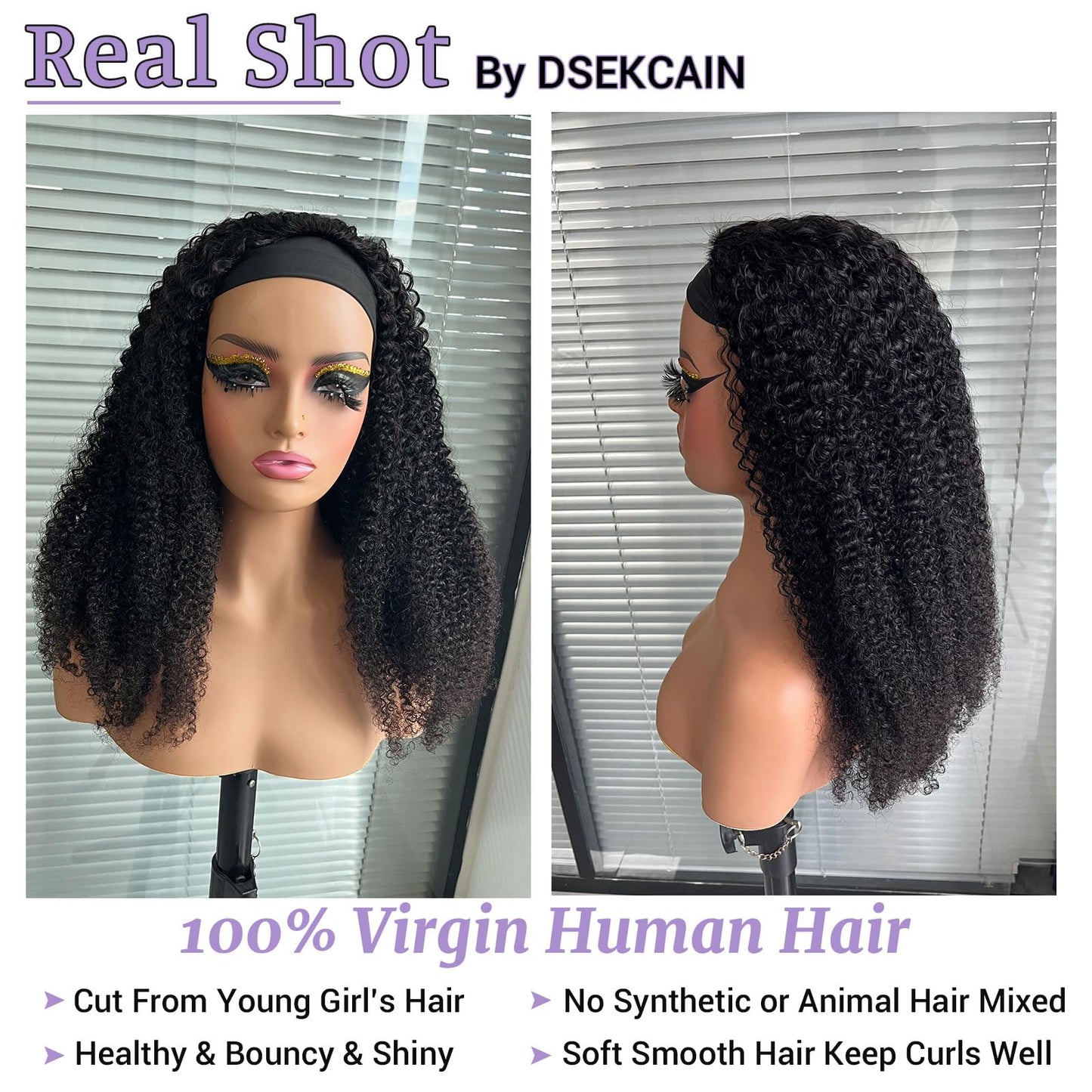 DSEKCAIN Kinky Curly Headband Wig Human Hair 24 inch 200 Density 100% Real Human Hair Curly Headband Wig No Glue No Sew In Gluel