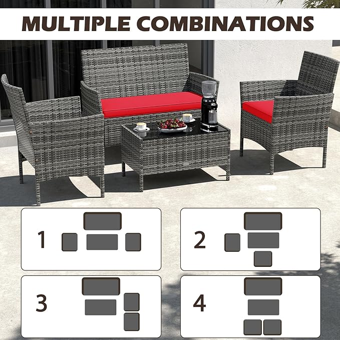 RELAX4LIFE 4-Piece Patio Furniture Set - Rattan Outdoor Conversation Bistro Set w/Cushions, Glass Coffee Table, Wicker Chairs & Loveseat for Garden Backyard Porch, Balcony Furniture (1, Mix Grey-Red)