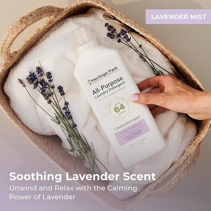 Heritage Park Luxury Laundry Detergent | Dermatologist Tested Plant based Natural & Enzyme Laundry Detergent | Sensitive Skin Friendly - Lavender Mist (32 fl oz)