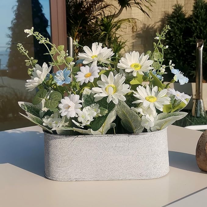 ZKIEIRE Floral Centerpieces for Tables, 12 Inch Small Artificial Flowers in Metal Pot with White Daisy Arrangement, Farmho...