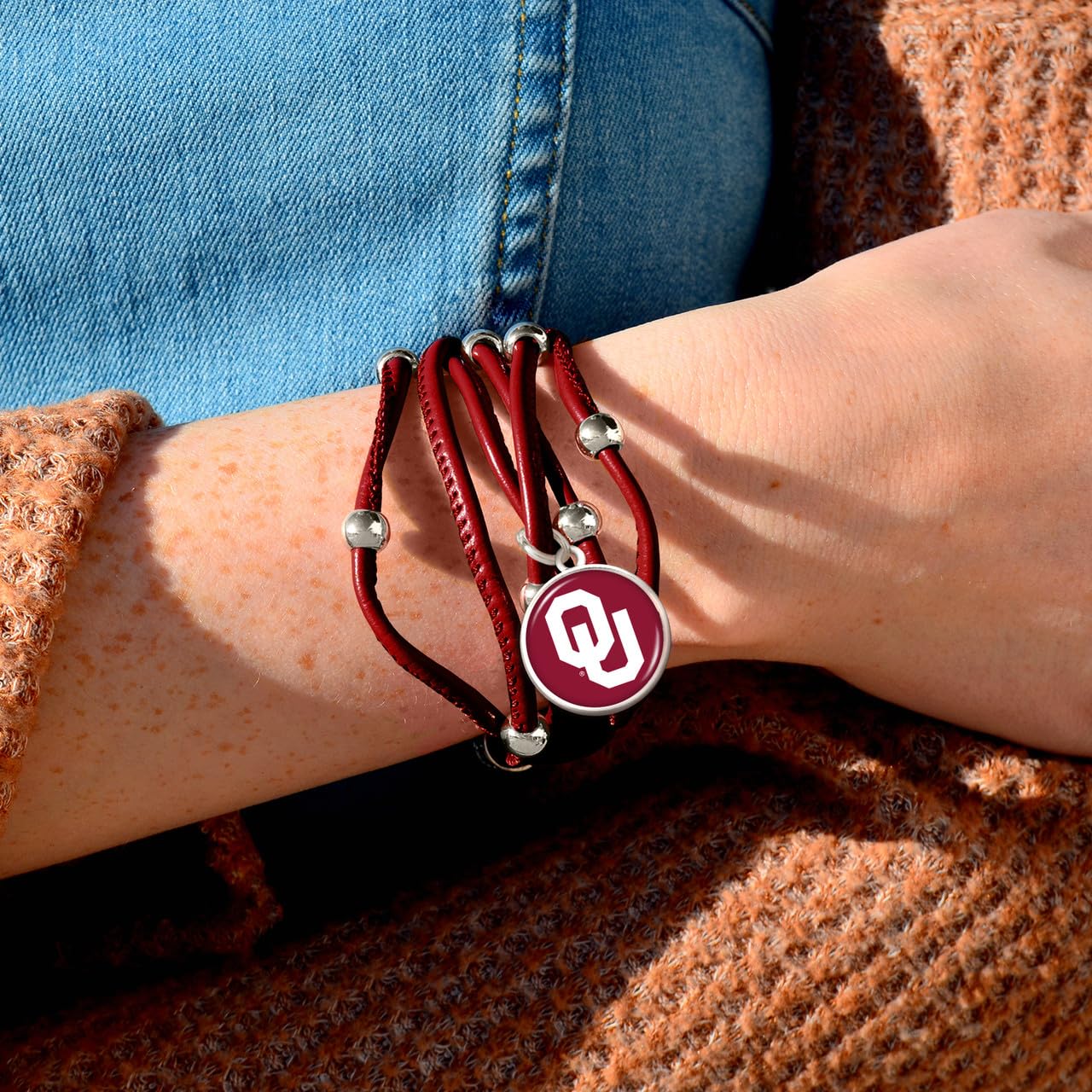 From The Heart Leather College Charm Bracelet for Women - College Game Day Jewelry for Sports Fans (Oklahoma)